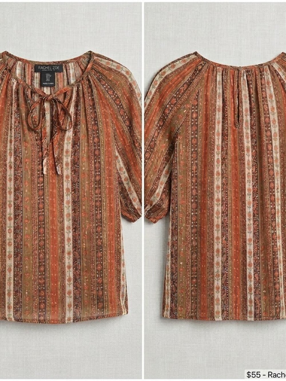 Rachel Zoe Boho Striped Floral Metallic Thread Blouse Size S - Picture 2 of 7